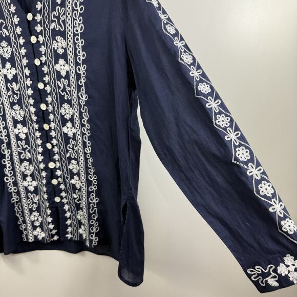 Chico’s Navy White Embroidered Button Up Tunic Top Size L (12) 100% Cotton Boho - Picture 6 of 14